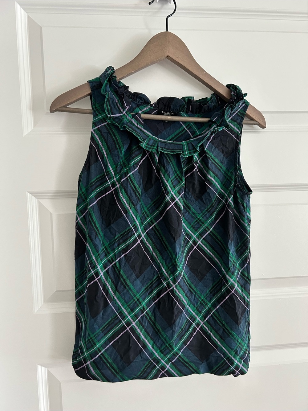Talbots Silk Plaid Sleeveless Top Green Navy Size 2
